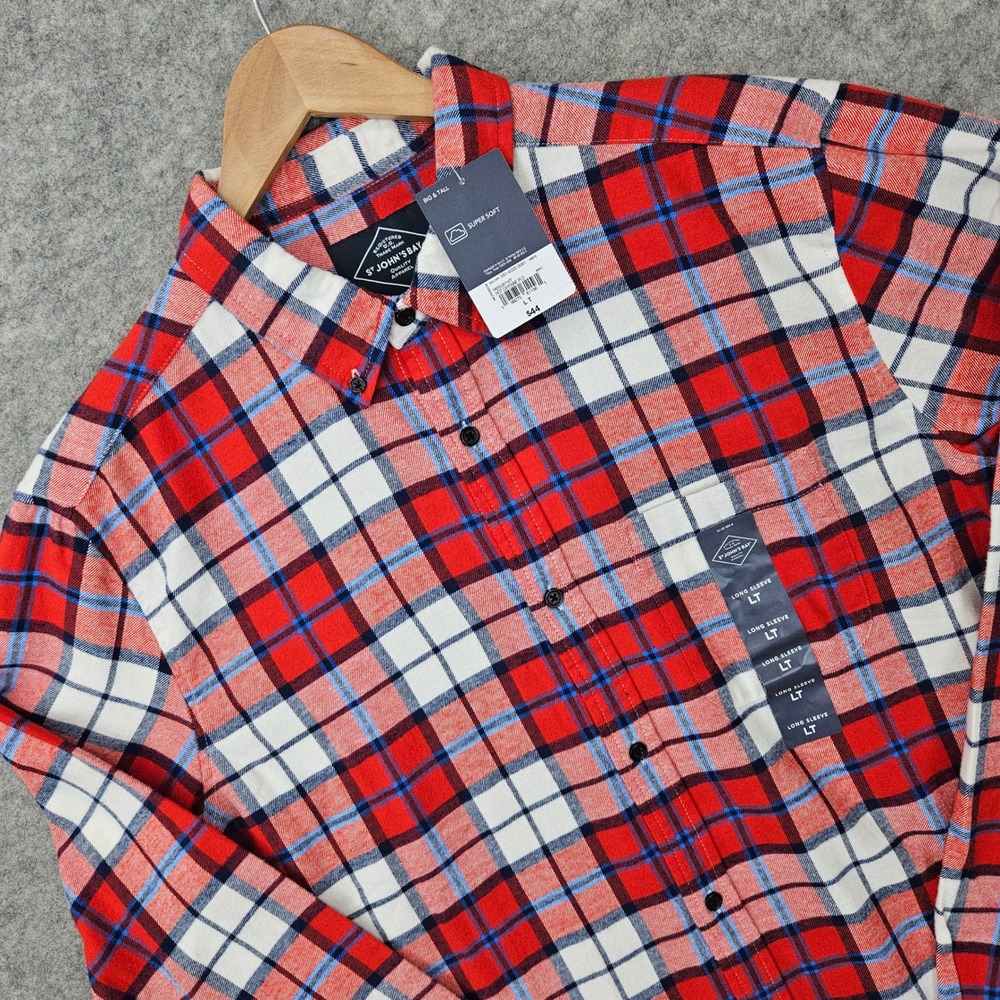 NEW St Johns Bay Flannel Shirt Men's LT Red Plaid Long Sleeve Tall Classic Fit